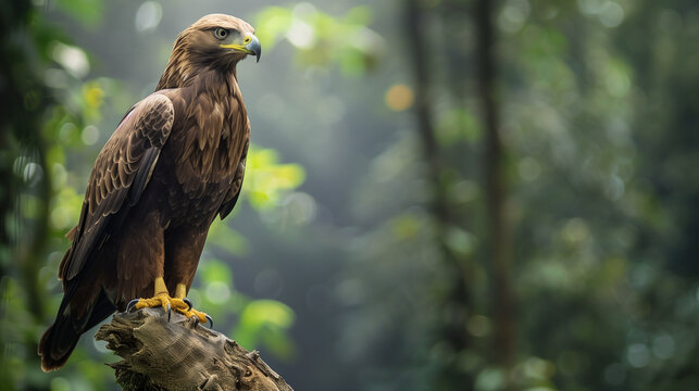 a Javanese eagle with dark brown feathers and sharp eyes, perched on a high branch, Ai generated Images
