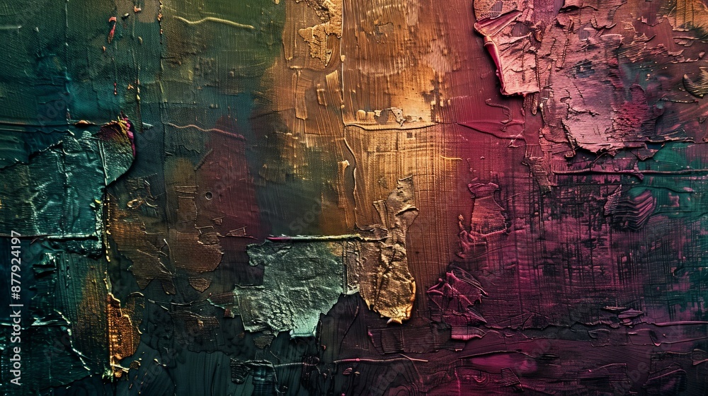 Poster an abstract background with layered textures and rich colors, giving a sense of depth and complexity