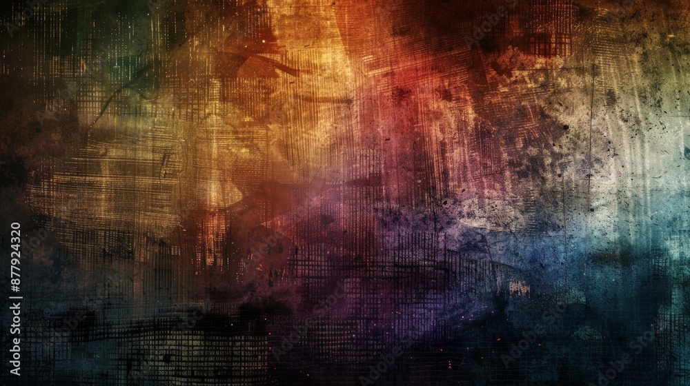 Poster an abstract background with layered textures and rich colors, giving a sense of depth and complexity
