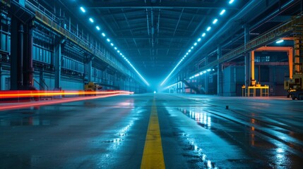 Fototapeta premium Interior MRO facility straight on with overhead lighting and empty foreground