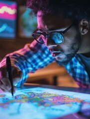 Focused man in glasses creating digital art on a touchscreen tablet with vibrant colors in a dark, creative workspace.