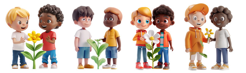 3d render set of  illustrations with a white boy and a black boy,  grow a flower, dynamic active pose of kids and children in cartoon style, isolated on white background. 