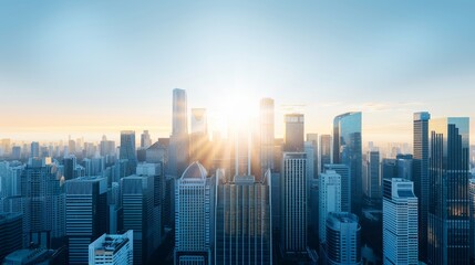 Cityscape panorama at dawn, sunlight reflecting off skyscrapers, offering a wide perspective of urban beauty in the morning light