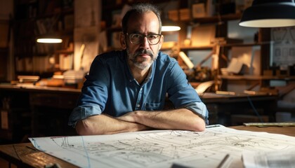 An architect is deeply engaged in designing blueprints at his office desk, displaying focus and creativity in his work AIG58