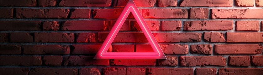 A glowing pink neon triangle mounted on a brick wall background, creating an abstract and vibrant visual element.
