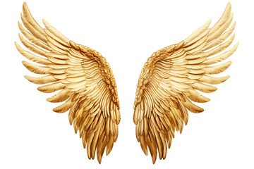 Elegant pair of gold wings and feathers isolated on transparent background, PNG style for digital art and graphic design projects