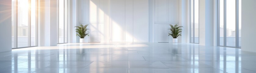 Bright, spacious empty room with large windows, natural light, and minimal decoration, featuring two green plants. Ideal for office or gallery space.