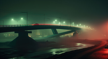 Illuminated Bridge in Foggy Night