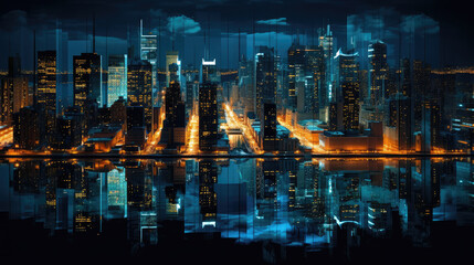 Naklejka premium Nighttime Urban Skyline with Reflections