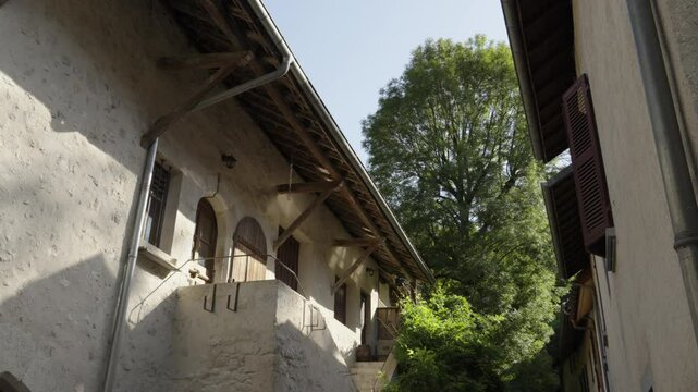 Traditional old house with white facade in Chanaz region of France, Europe