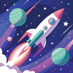 Naklejka premium rocket heading into space with nearby stars