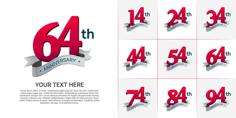 anniversary logotype set vector, red color and silver ribbon for special day celebration