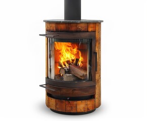 a modern wood stove made of old wooden barrels with glass front, white background, with fire inside the barrel