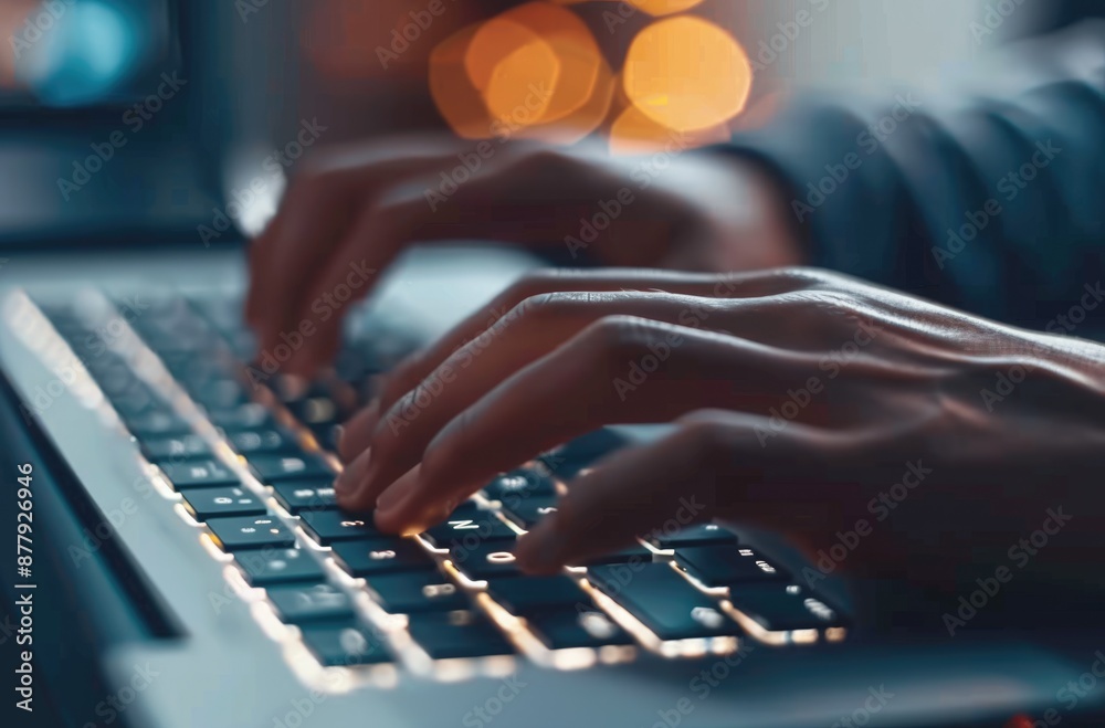 Poster closeup image of hands typing on a laptop keyboard with ambient lighting, illustrating computer work