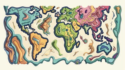 An abstract map of an imaginary world, with colorful, interconnected shapes representing different regions and terrains