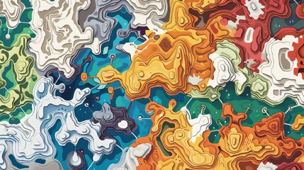 An abstract map of an imaginary world, with colorful, interconnected shapes representing different regions and terrains