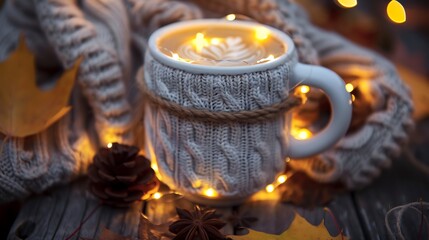 Coffee mug sweater cinnamon decorated with led lights autumn mood