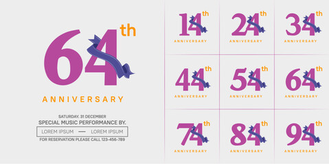 anniversary logotype set vector, purple color and blue ribbon for special day celebration