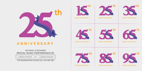 anniversary logotype set vector, purple color and blue ribbon for special day celebration