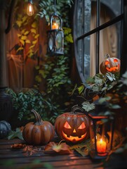 Obraz premium Cozy Halloween scene with glowing jack-o'-lanterns, lanterns, and pumpkins surrounded by lush greenery and dim lighting.