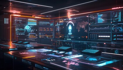 An innovative digital workspace with an AI assistant hologram, multiple data dashboards, and interactive coding environments, highlighting the future of software development.