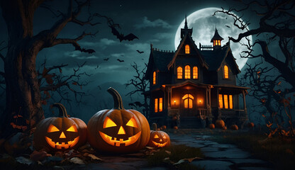 Halloween background with pumpkins and haunted house - 3D render. Halloween background with Evil Pumpkin. Spooky scary dark Night forrest. Holiday event halloween banner background concept
