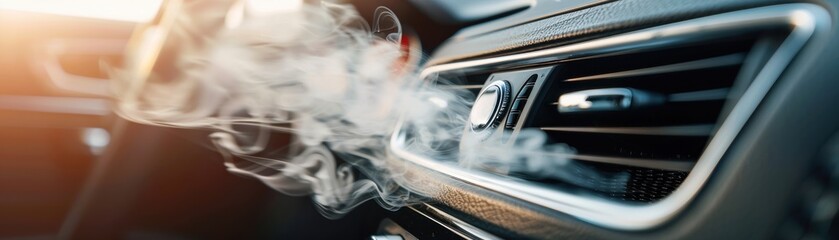 Close-up of car air conditioner vent releasing air, highlighting cooling system, climate control, and vehicle comfort on a sunny day.