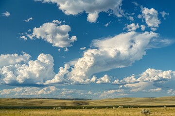 Obraz premium Billowing stratocumulus clouds casting dramatic shadows on the landscape below, their towering formations creating a sense of scale, Generative AI