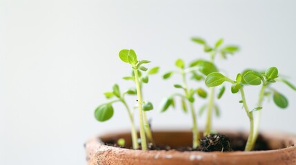 Sprouting plants in a pot against white background for home gardening purposes with close up view and space for text