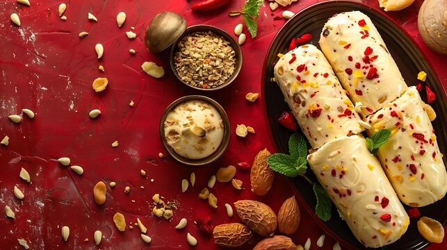 Dry fruits kulfi on red background
