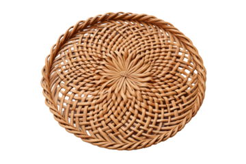 Rattan place mat with intricate weaving pattern on transparent PNG background, ideal for table setting, home decor, and kitchen accessories