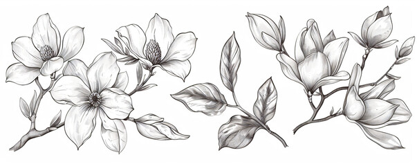 set of vector black and white illustrations of leaves, magnolia flowers and orchid blossoms on an isolated background, in the clip art style, in the style of watercolor, ink