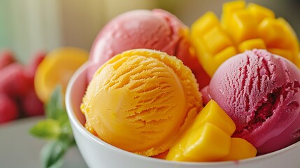 Fresh fruit sorbet ice cream in a white bowl close up