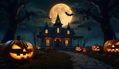 Halloween background with pumpkins and haunted house - 3D render. Halloween background with Evil Pumpkin. Spooky scary dark Night forrest. Holiday event halloween banner background concept