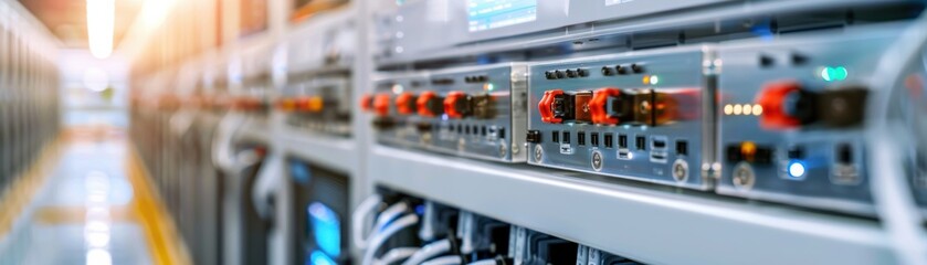 Close-up of server racks in a data center with focus on network equipment and cables, illustrating modern technology infrastructure.