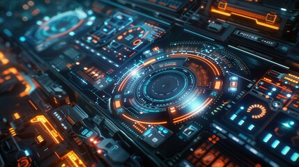 Fototapeta premium High-tech digital interface with holographic elements, showcasing futuristic data visualization and advanced technology.
