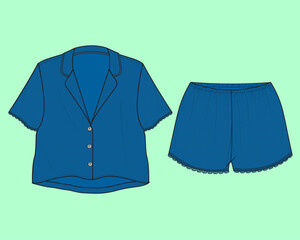 ladies nightwear revere collar short sleeve shirt and shorts loungewear fashion illustration flat sketch vector.