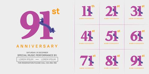 anniversary logotype set vector, purple color and blue ribbon for special day celebration