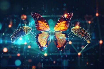 Caterpillar to butterfly evolution in a digital futuristic style, representing the stages of business transformation.