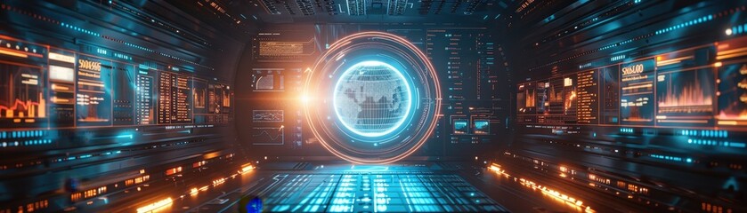 Fototapeta premium High-tech control room with a futuristic digital interface and holographic globe, showcasing advanced technology and data visualization.