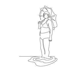 One continuous single drawing line art flat doodle  stretch out, sea, beach, vacation, senior, woman, pensioner, sand, tourism. Isolated image hand draw contour on a white background
