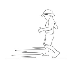 One continuous single drawing line art flat doodle stretch out, kid, sea, beach, holiday, summer, boy, child, vacation, sand, sun. Isolated image hand draw contour on a white background
