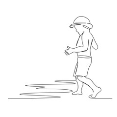 One continuous single drawing line art flat doodle stretch out, kid, sea, beach, holiday, summer, boy, child, vacation, sand, sun. Isolated image hand draw contour on a white background