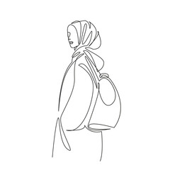 One continuous single drawing line art flat doodle  stretch out, student, muslim, girl, education, hijab, female, university, college. Isolated image hand draw contour on a white background