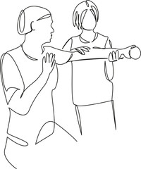 One continuous single drawing line art flat doodle  stretch out, care, woman, exercise, nurse, health, medical, therapy, therapist. Isolated image hand draw contour on a white background
