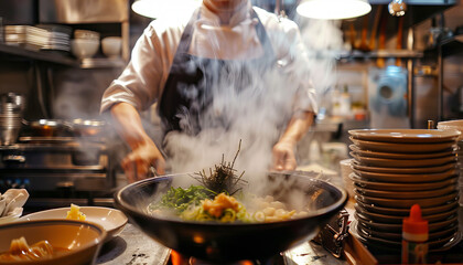  A (steaming bowl of ramen/chilled plate of sushi)