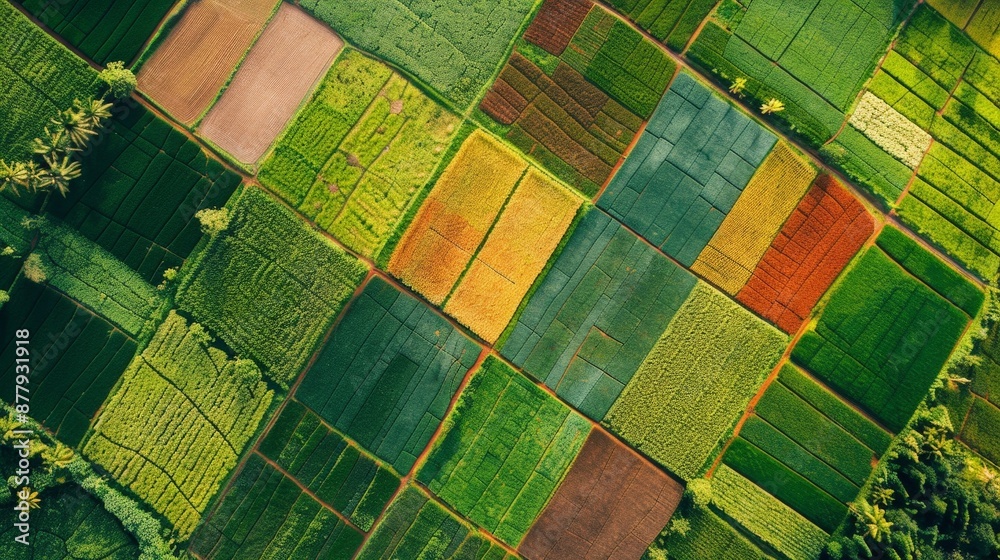 Wall mural An aerial photograph of a patchwork of agricultural fields in various stages of growth, creating a colorful mosaic on the earth's surface