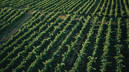 An aerial photograph of a sprawling vineyard, with neat rows of grapevines stretching to the horizon