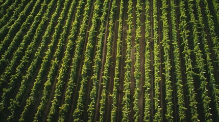 An aerial photograph of a sprawling vineyard, with neat rows of grapevines stretching to the horizon