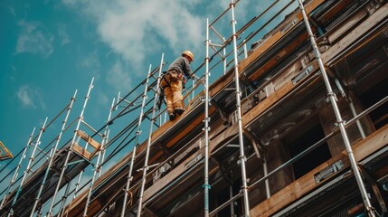 Fototapeta premium Construction Worker on High Scaffolding
